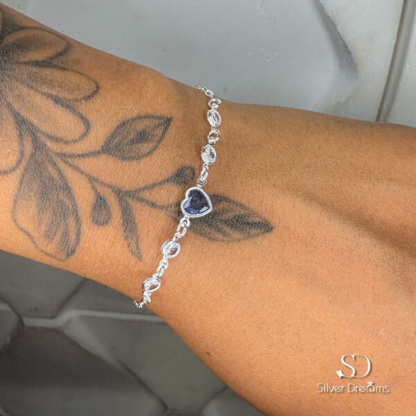 Pulseira Feminina Coração Lilás e Zircônia Branca 2 mm em Prata 925