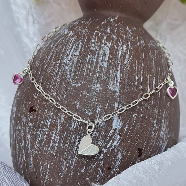 Pulseira Coração Laminado e Zircônias Rosa 2 mm em Prata 925